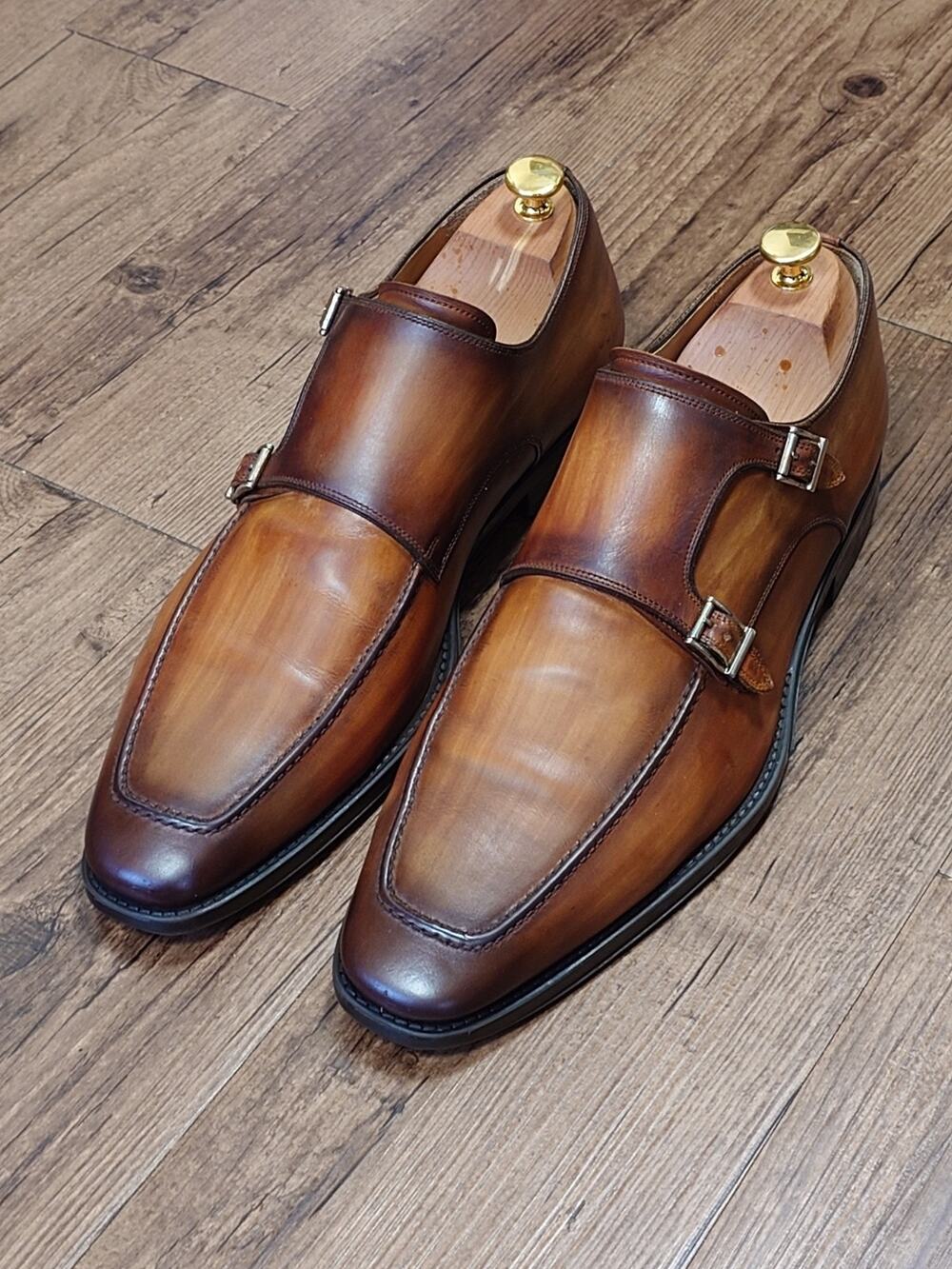Magnanni Double Monk Strap Dress Shoes Size 14M Brown Burnish Made In Spain